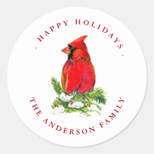 Watercolor Cardinal Bird  Holiday Label / Seal