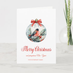 Watercolor Cardinal Bird Holly Berry Ball Holiday Card