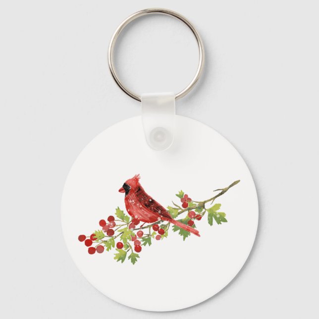 Watercolor Cardinal Bird on Berry Branch Keychain (Front)