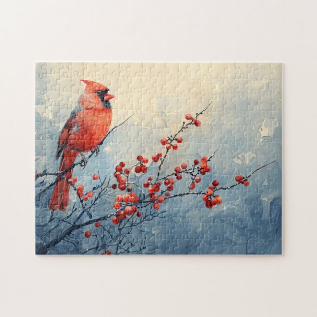 Watercolor Cardinal Bird Red Berries Jigsaw Puzzle (Horizontal)
