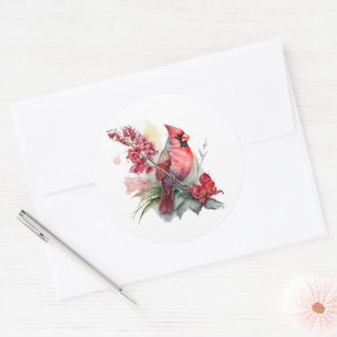 Watercolor Cardinal Christmas Classic Round Sticker