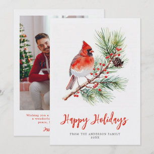 Watercolor Cardinal Christmas Holiday Family Photo Card