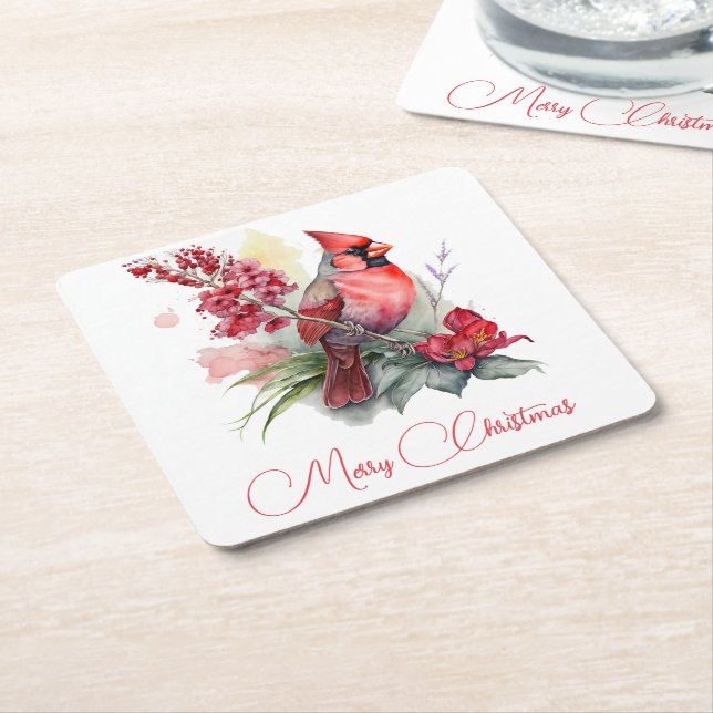 Watercolor Cardinal Christmas  Square Paper Coaster (Angled)