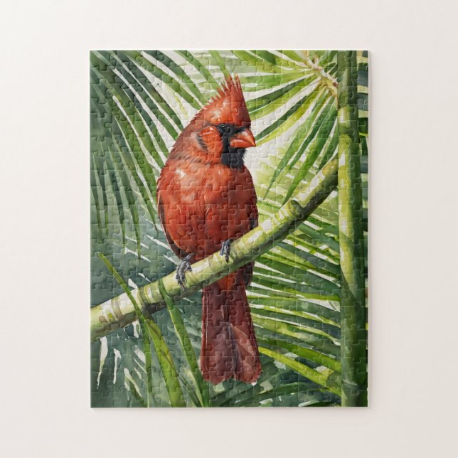 Watercolor Cardinal in a Palm Tree Jigsaw Puzzle (Vertical)