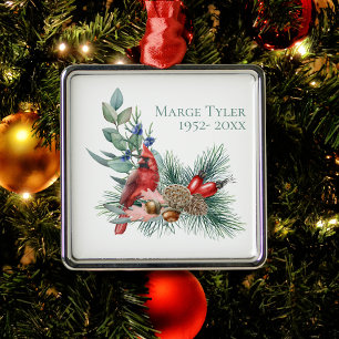 Watercolor Cardinal Pine Branch Remembrance  Metal Ornament