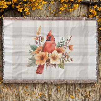 Watercolor Cardinal with Fall Flowers & Plaid Throw Blanket