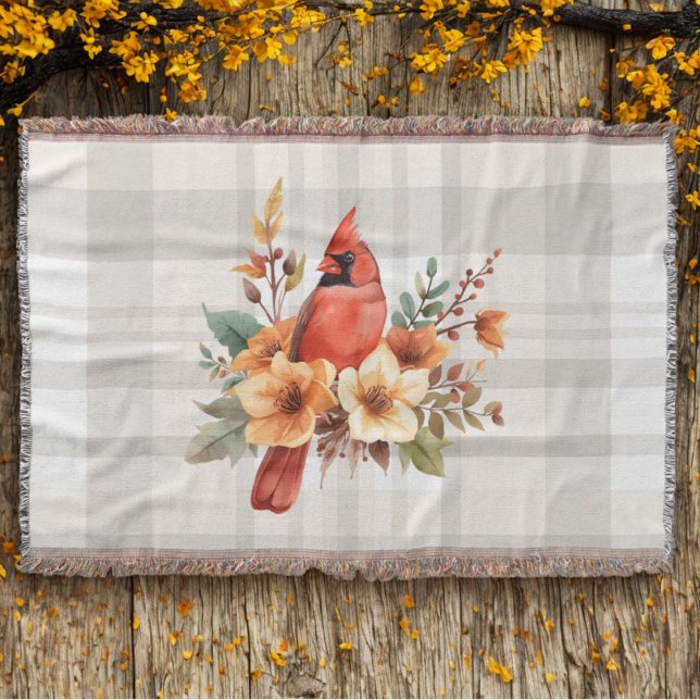 Watercolor Cardinal with Fall Flowers & Plaid Throw Blanket (Cardinal floral plaid throw blanket)