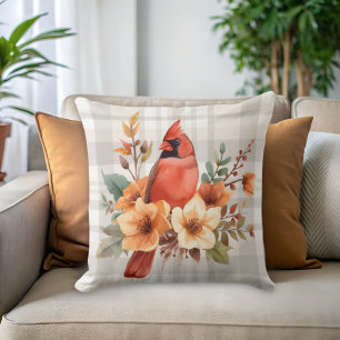Watercolor Cardinal with Fall Flowers & Plaid Throw Pillow