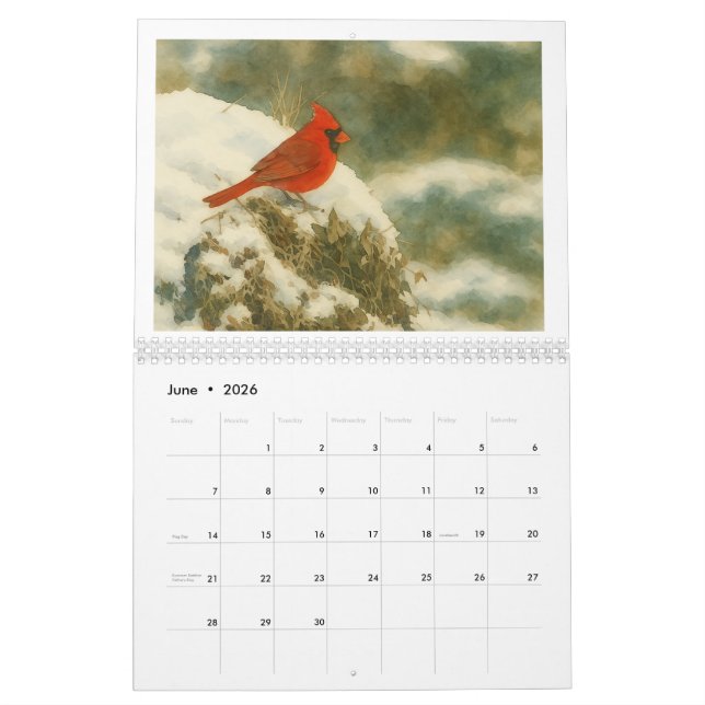 Watercolor Cardinals 2026 Calendar (Jun 2026)