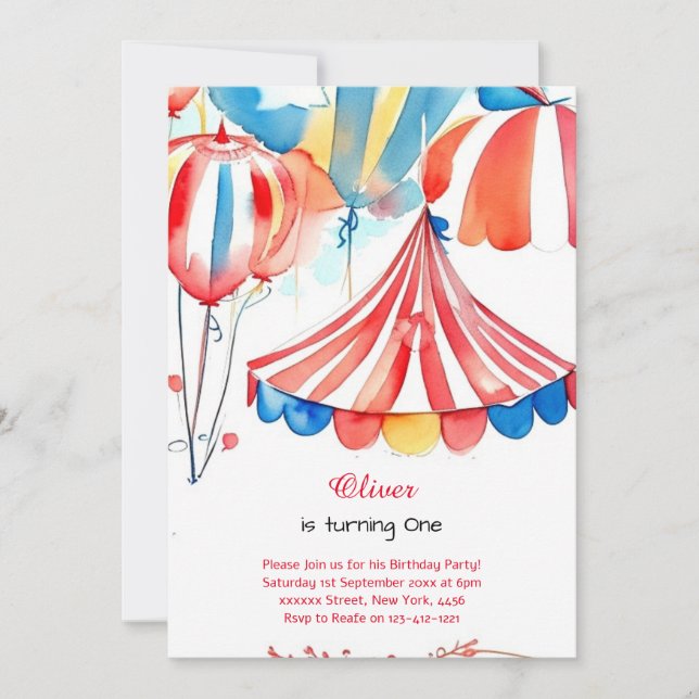 Watercolor Carnival Circus 1er Invitation annivers (Devant)