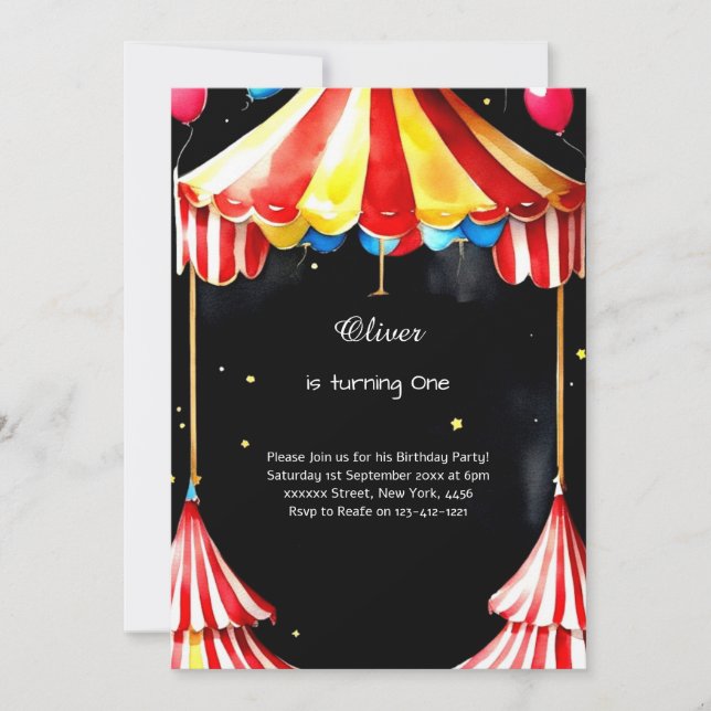 Watercolor Carnival Circus 1st Birthday Invitation (Front)