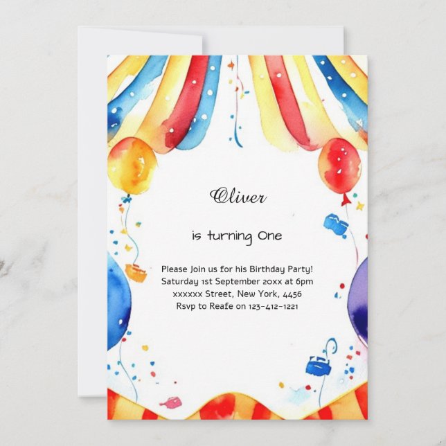 Watercolor Carnival Circus 1st Birthday Invitation (Front)