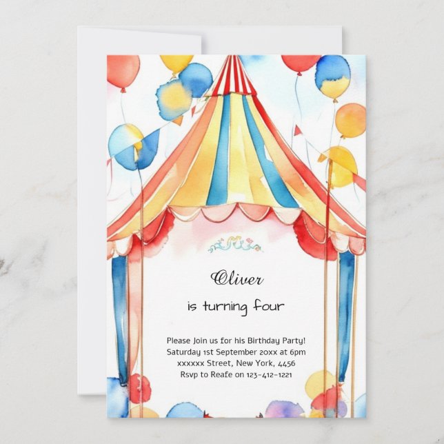 Watercolor Carnival Circus Anniversaire Invitation (Devant)