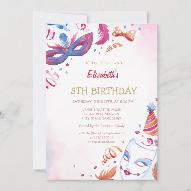 Watercolor Carnival Masque Birthday  Invitation (Front)