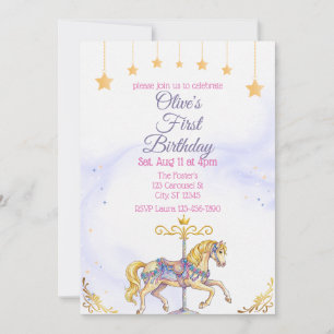 Watercolor Carousel Horse Pink Gold Birthday Invitation