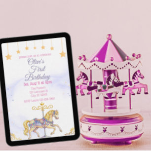 Watercolor Carousel Horse Pink Gold Birthday Invitation