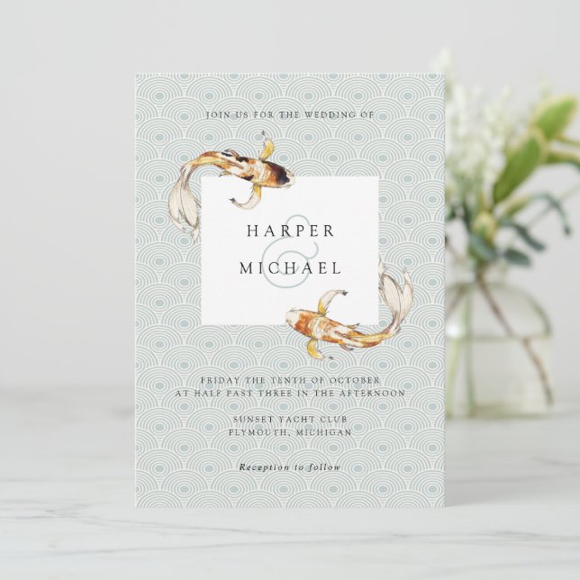 watercolor carp koi fish wedding invitation (Standing Front)