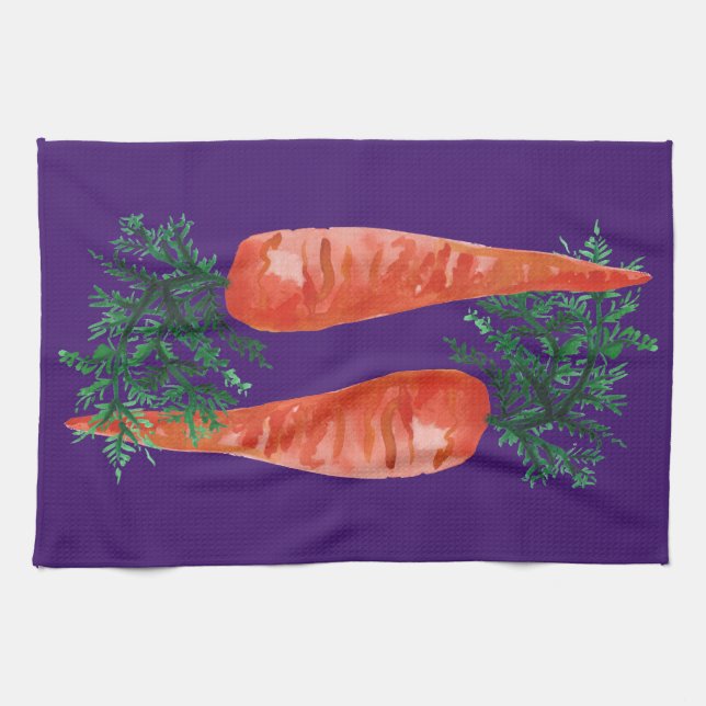 Watercolor carrots purple kitchen towel (Horizontal)