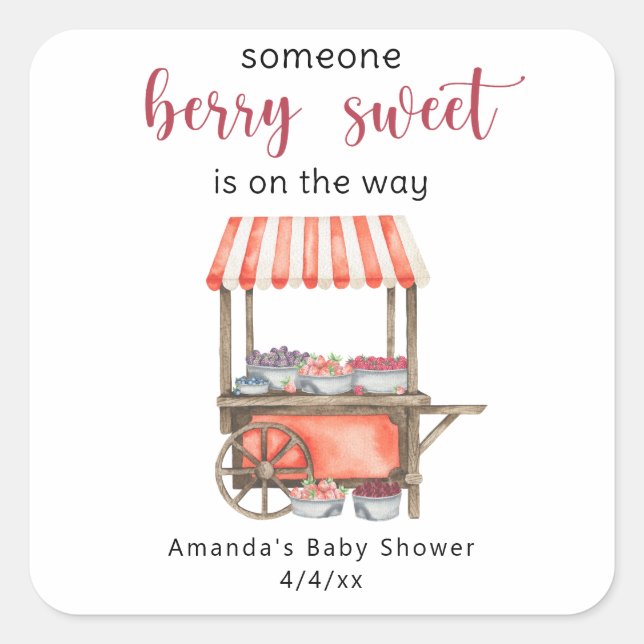 Watercolor Cart Berries Baby shower Square Sticker (Front)