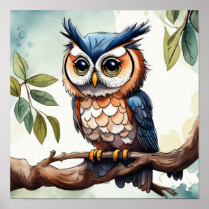 Watercolor Cartoon Caricature of an Owl Wall Art! Poster