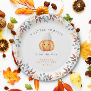 Watercolor cartoon pumpkin in hat Baby shower Paper Plate