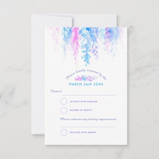 Watercolor cascade blue purple wedding RSVP reply (Front)