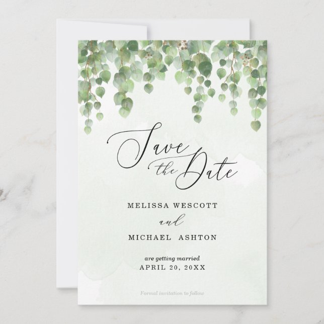 Watercolor Cascading Eucalyptus Greenery + Gold Save The Date (Front)