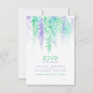 Watercolor cascading green purple wedding RSVP Card