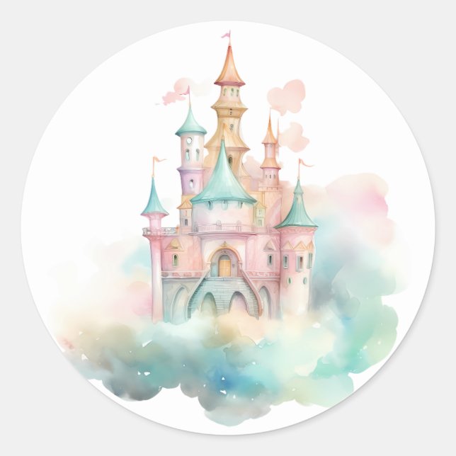 Watercolor Castle Classic Round Sticker (Front)