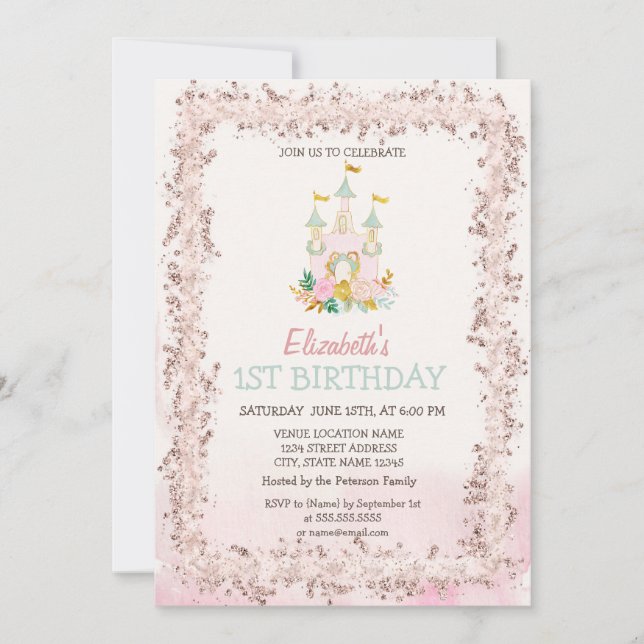 Watercolor Castle Glitter Frame Birthday   Invitation (Front)