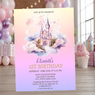 Watercolor Castle Princess Ombre Birthday Invitation