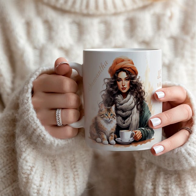 Watercolor Cat and Coffee Lady Personalized Name Coffee Mug (Creator Uploaded)