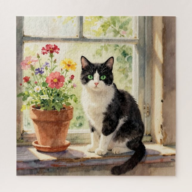 Watercolor Cat and Flower Themed Jigsaw Puzzle (Vertical)