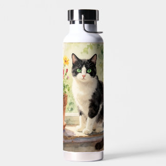 Watercolor Cat and Flower Themed  Water Bottle