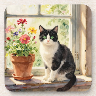 Watercolor Cat and Flowers on Window Sill Coaster