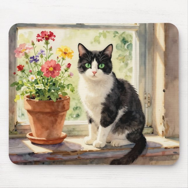 Watercolor Cat and Flowers on Window Sill Mouse Pad (Front)