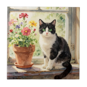Watercolor Cat and Flowers on Window Sill Tile