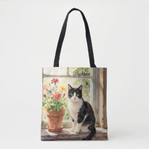 Watercolor Cat and Flowers on Window Sill Tote Bag