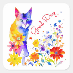 Watercolor Cat and Flowers Personalized Good Day Square Sticker