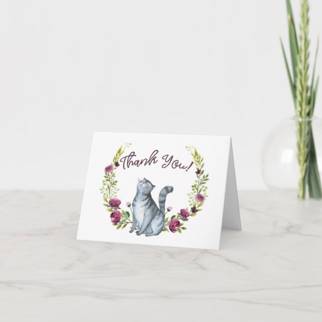 Watercolor Cat and Flowers Thank You Card (Front)
