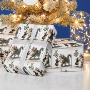 Watercolor Cat and Mouse With Mistletoe Wrapping Paper