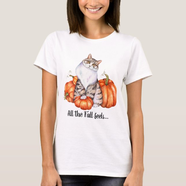 Watercolor Cat and Pumpkins Fall Feels T-Shirt (Front)