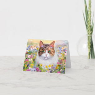 Watercolor cat and wildflowers customizable card