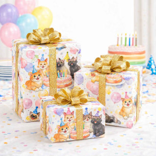 Watercolor Cat Birthday Party Wrapping Paper