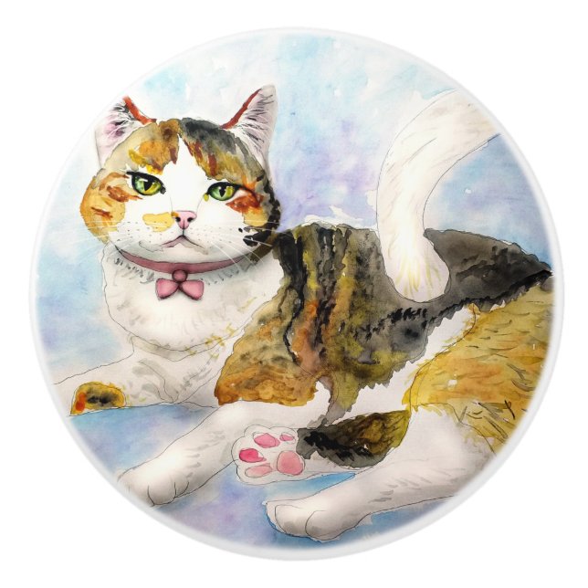 Watercolor Cat Ceramic Knob (Front)
