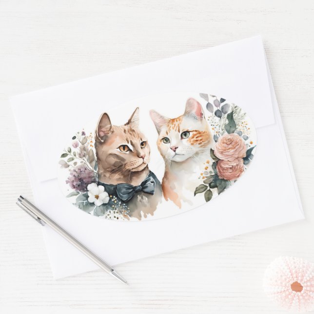 Watercolor Cat Couple On White Oval Sticker (Envelope)