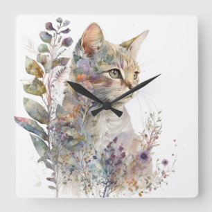 WATERCOLOR CAT FACE AND PRETTY FLOWERS SQUARE WALL CLOCK