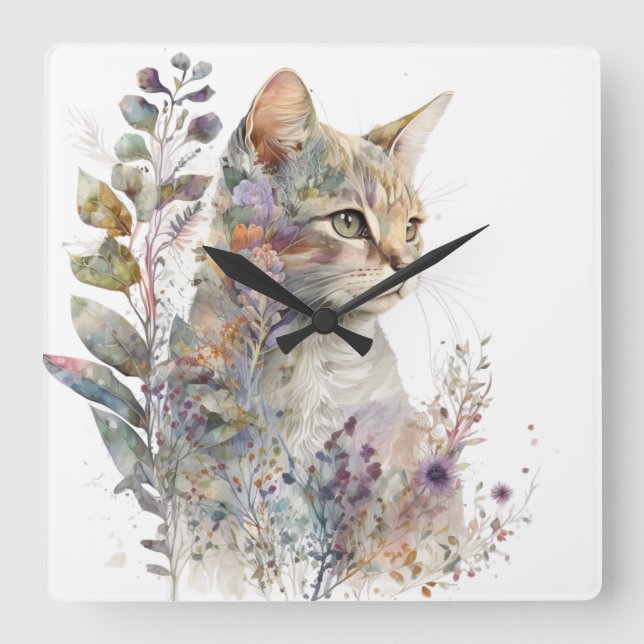 WATERCOLOR CAT FACE AND PRETTY FLOWERS SQUARE WALL CLOCK (Front)