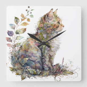 WATERCOLOR CAT FACE AND PRETTY FLOWERS SQUARE WALL CLOCK