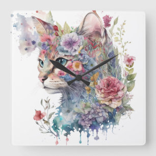 WATERCOLOR CAT FACE AND PRETTY FLOWERS SQUARE WALL CLOCK